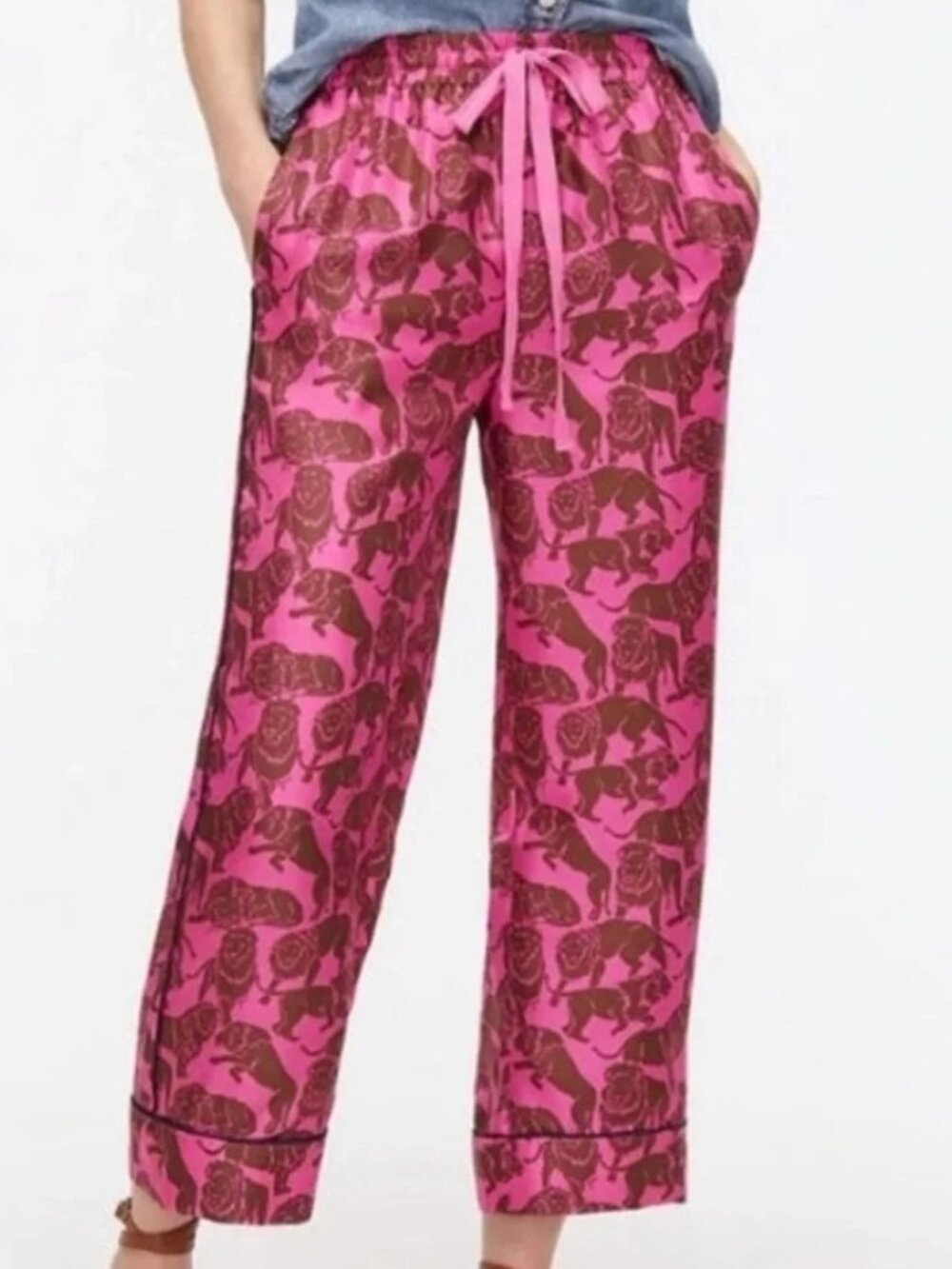 J. Crew Collection 100% Silk Lion Print Pink Pajama Pants Bottoms Women's 8
